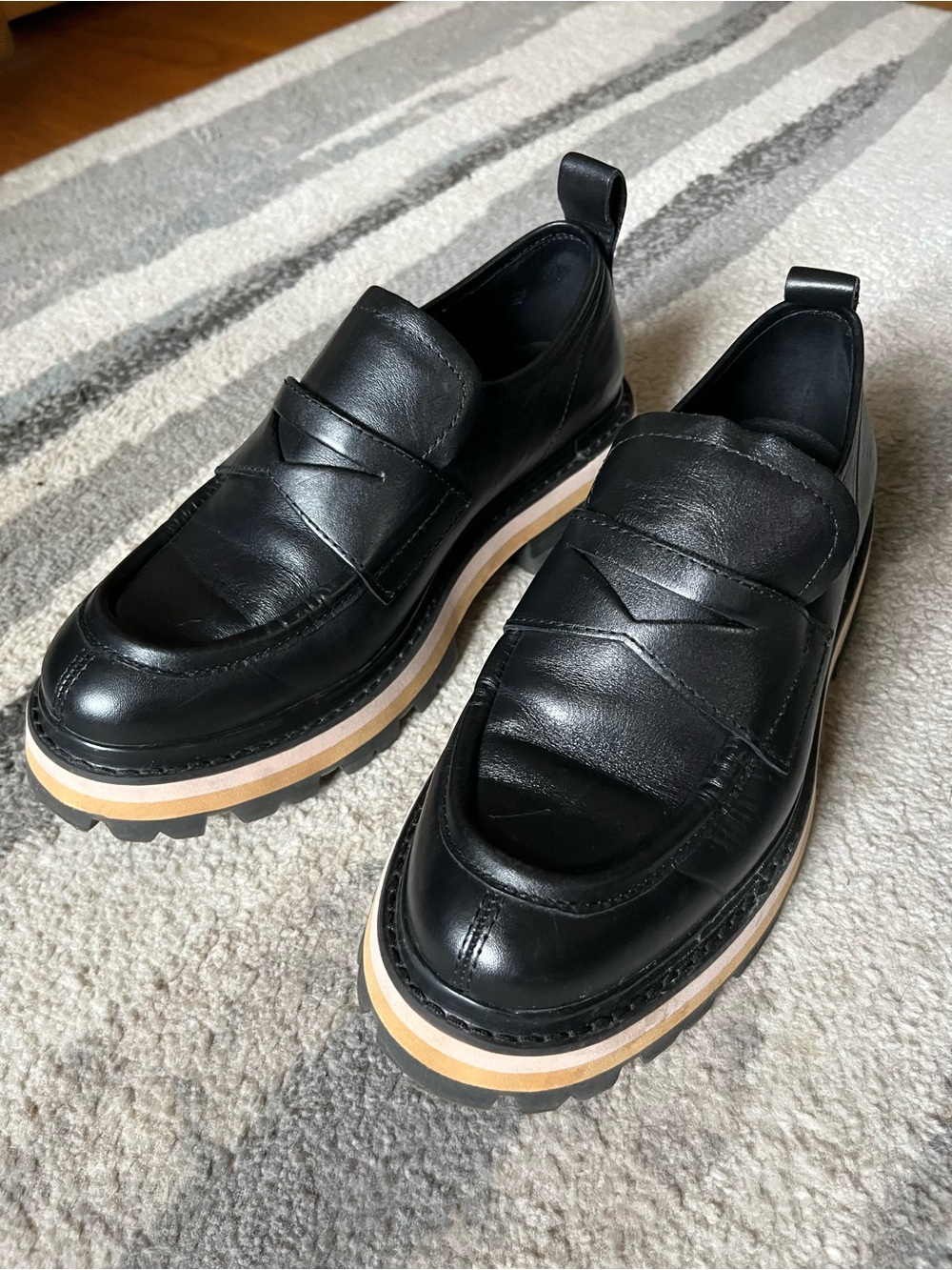 Ash Black Leather Platform Penny Loafers with Tan Accent